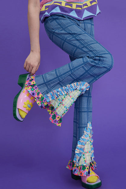 High-Waisted Plaid Patchwork Bell-Bottom Jeans