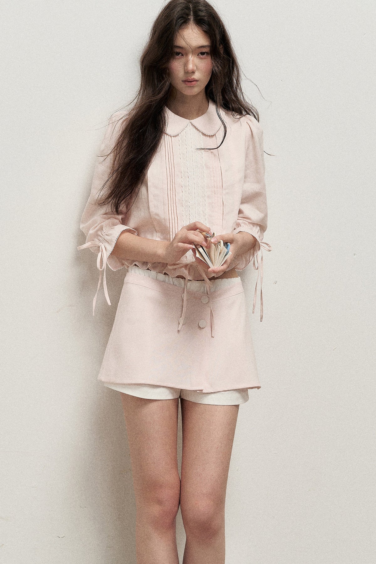 Mist Pink Lyocell Linen Mid-Sleeve Tuck Pleat Shirt Skirt Set-Up