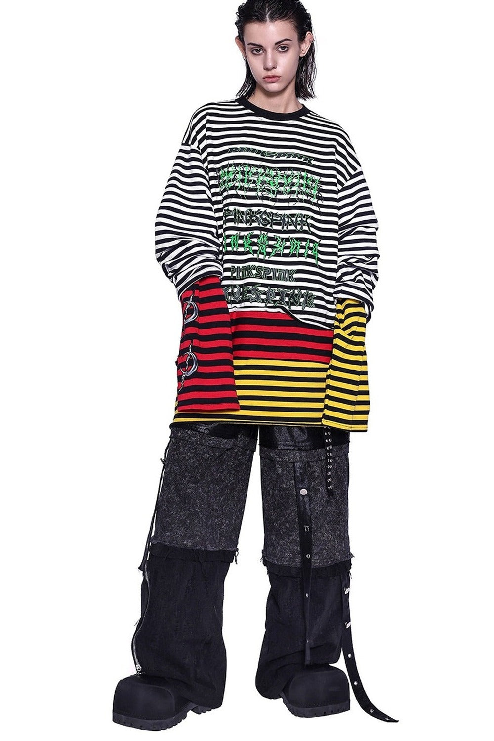 Stacked Stripes Patchwork Staggered Letter Print T-Shirt