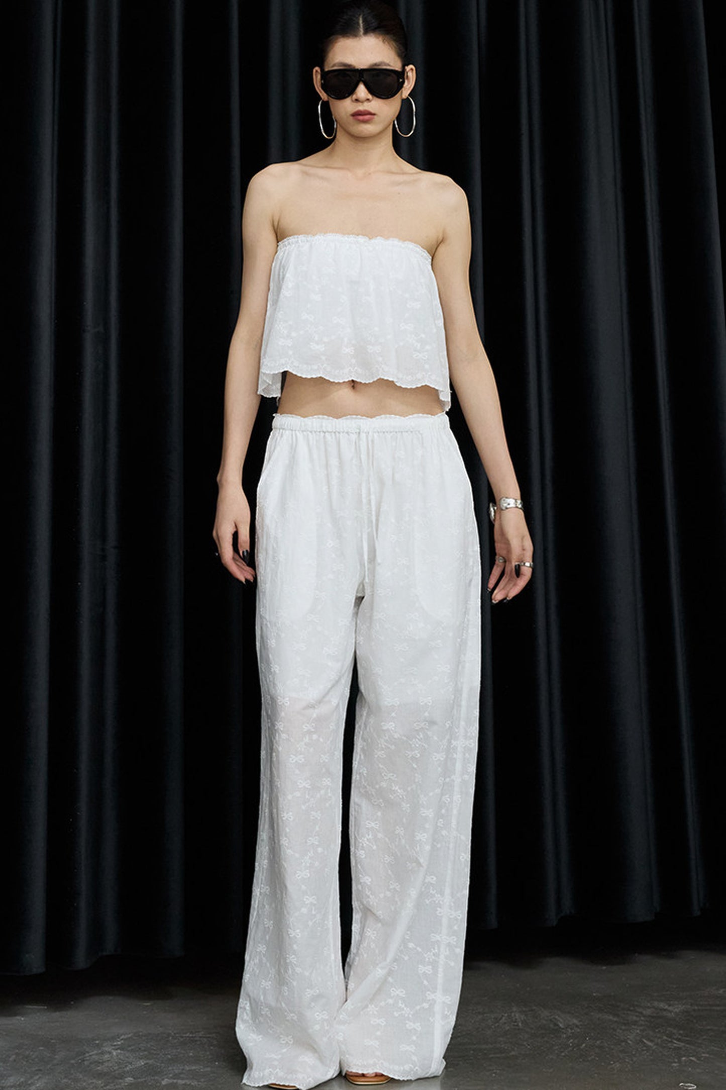 White Cotton Hollow Embroidery Top And Pants Set-Up