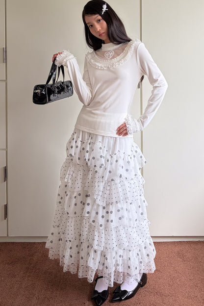Embroidered Mesh Lace Collar T-Shirt