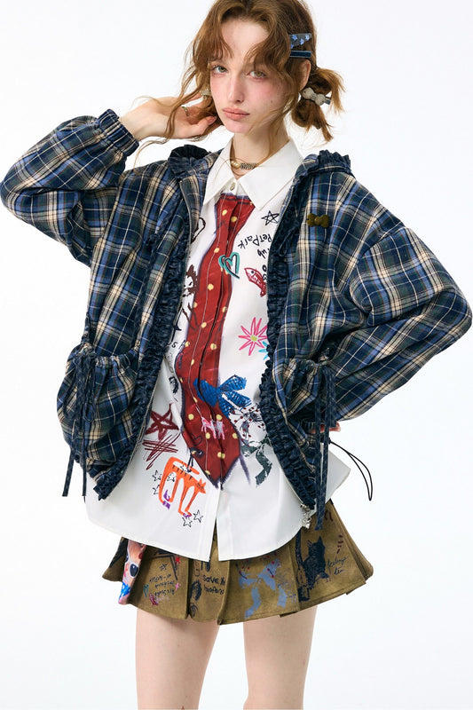 Navy Plaid Hooded Jacket