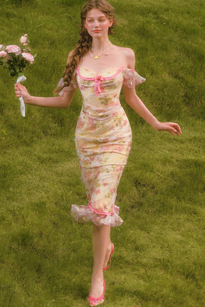 Floral Off-Shoulder Fishbone Corset Top and Skirt Set-Up