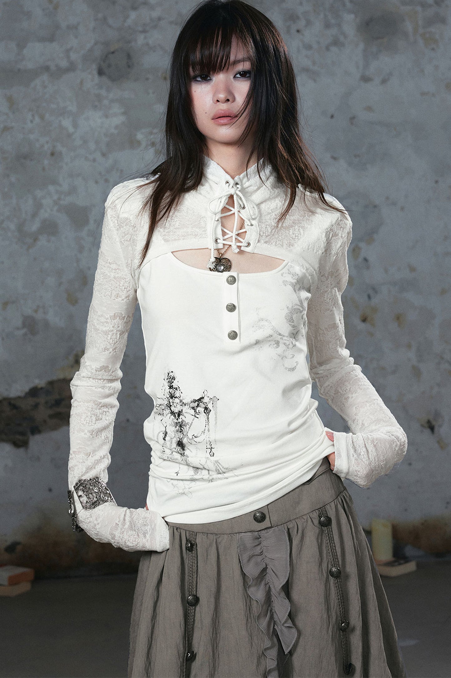 Tie-Neck Silver-Printed Long-Sleeve Top