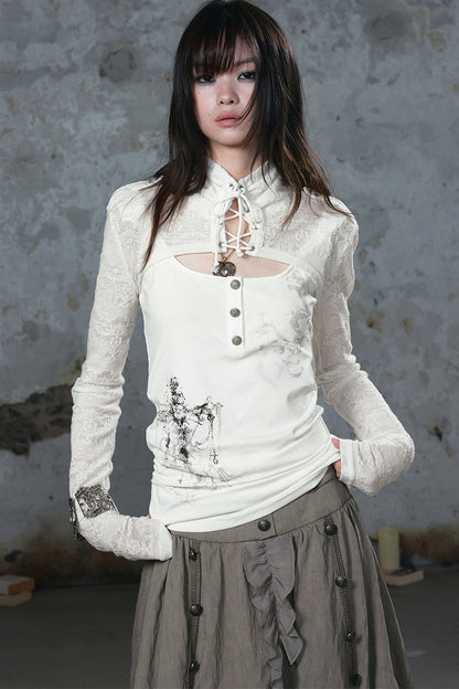 Tie-Neck Silver-Printed Long-Sleeve Top