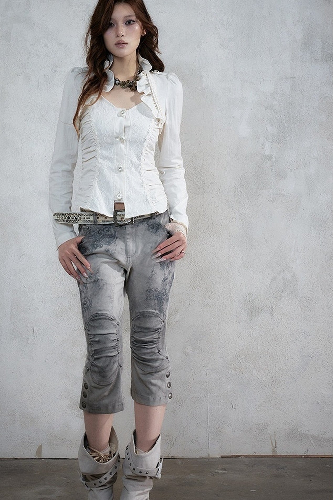 Vintage Distressed Lace Cropped Pants
