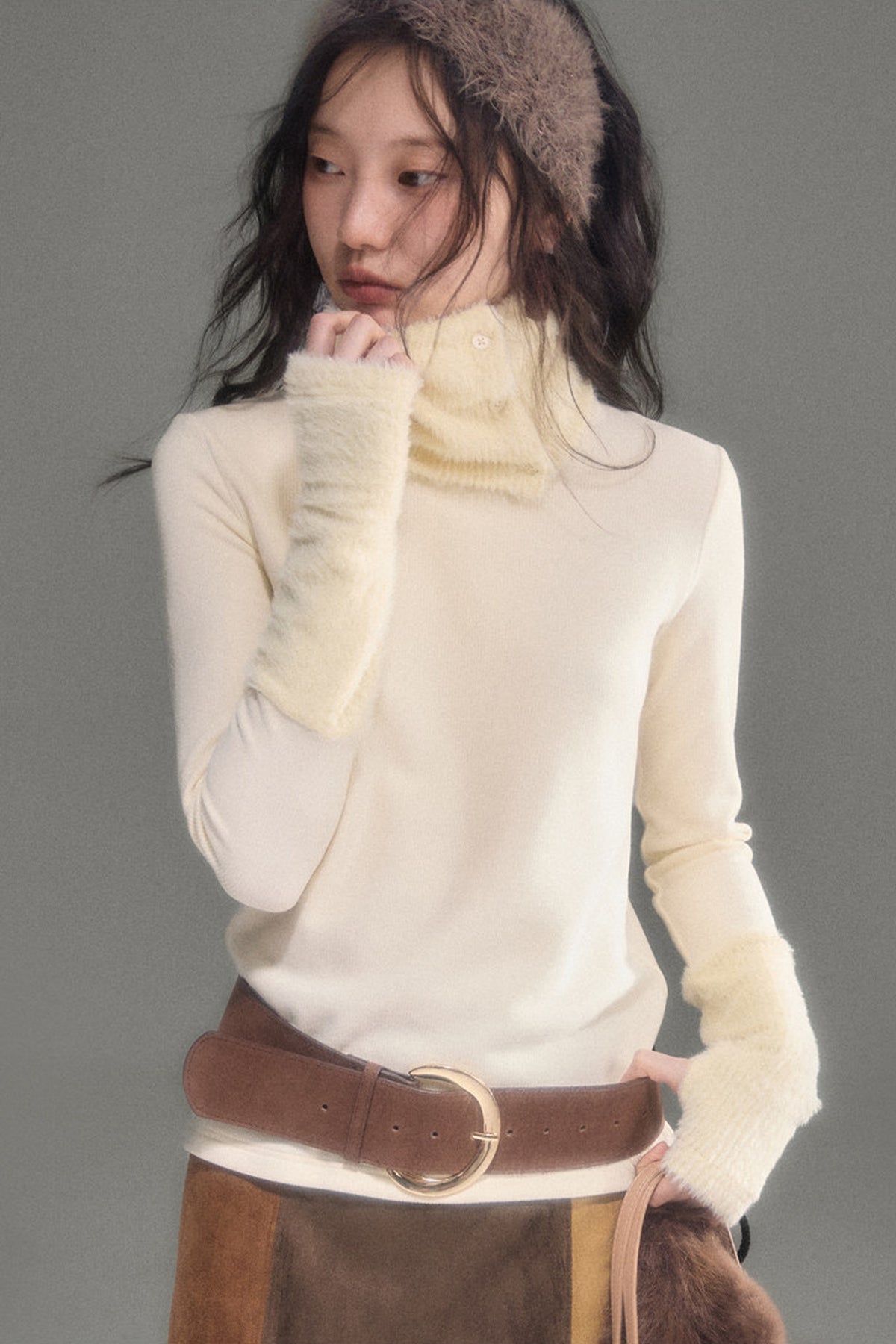 Slim Fit Plush Diagonal Lapel Knit Top