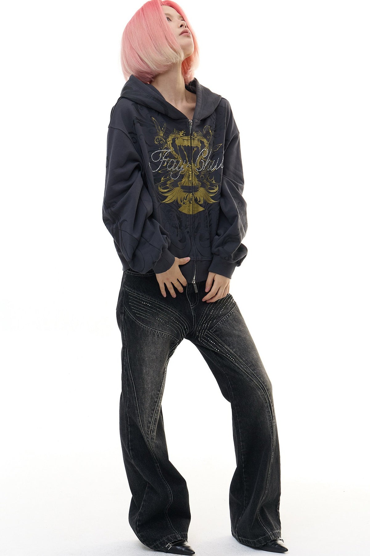 Butterfly Rhinestone Straight Jeans