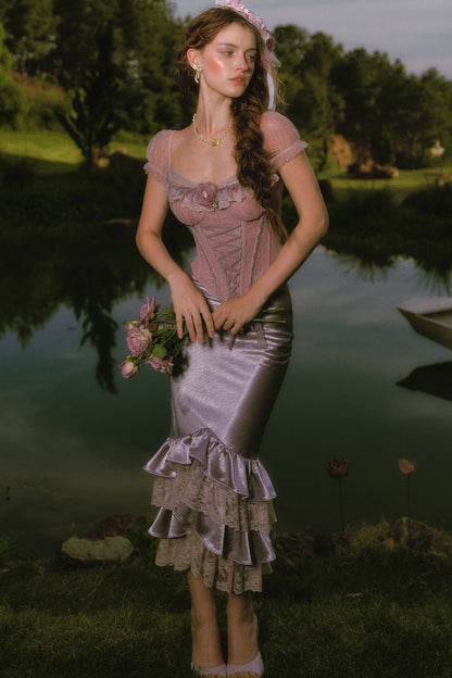 Purple Floral Fishbone Corset Camisole and Satin Skirt Set-Up