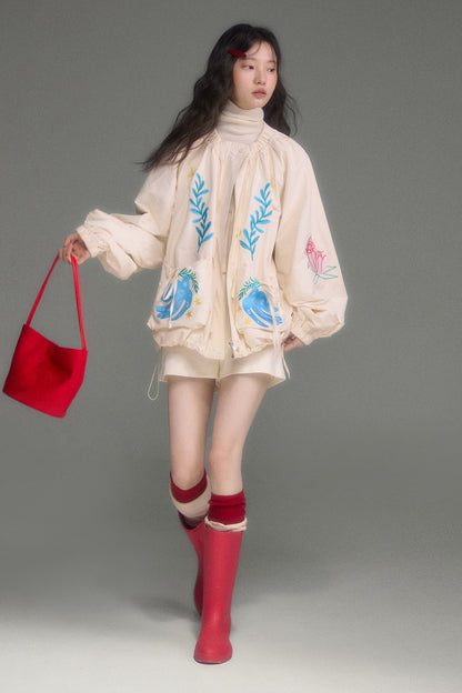 Loose Birds Olive Floral Embroidered Drawstring Jacket