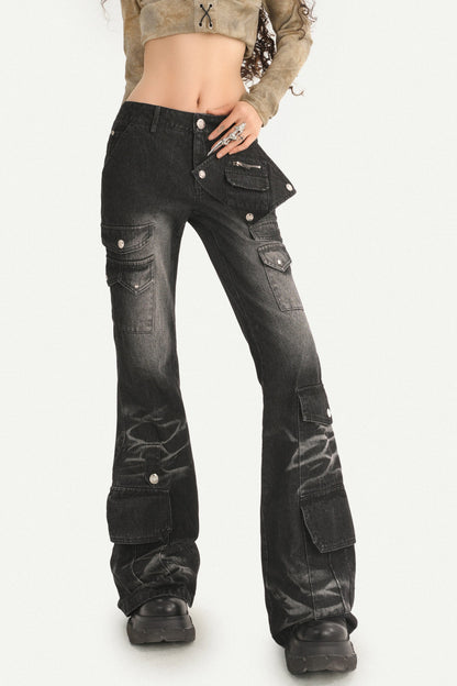 Black Vintage Workwear Flared Jeans