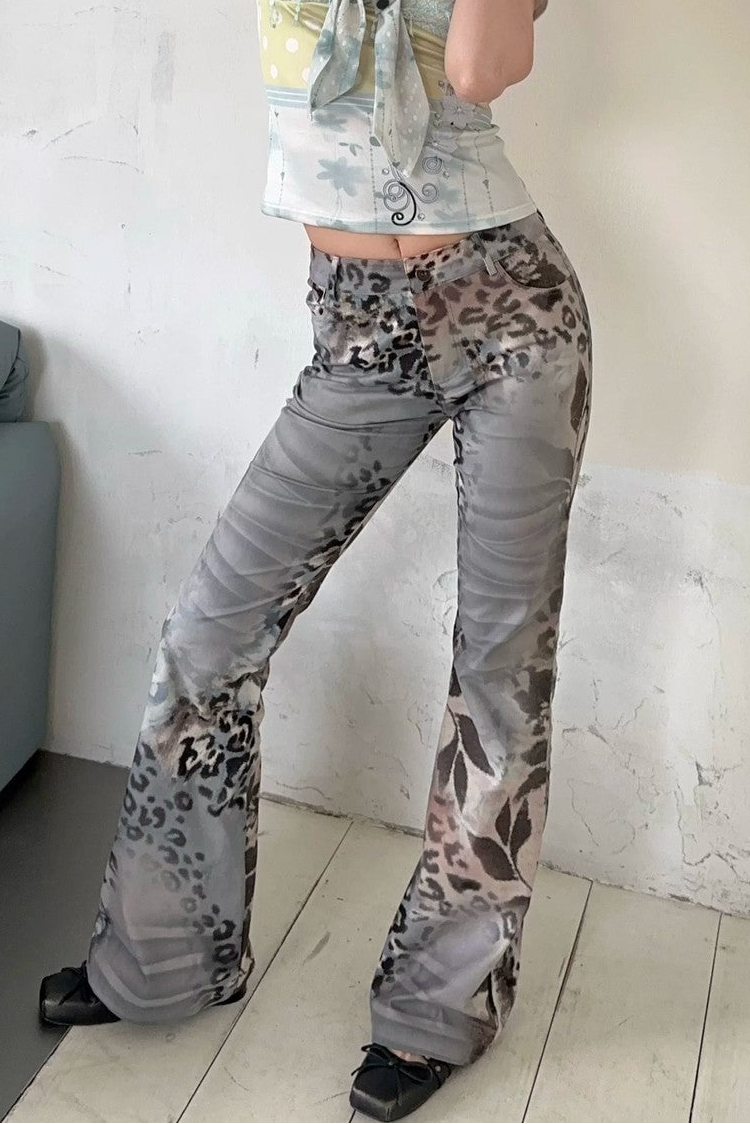 Retro Leopard Floral Flare Pants
