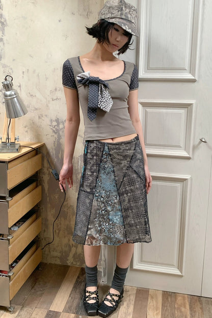 Asymmetrical Plaid Leopard Floral Midi Skirt
