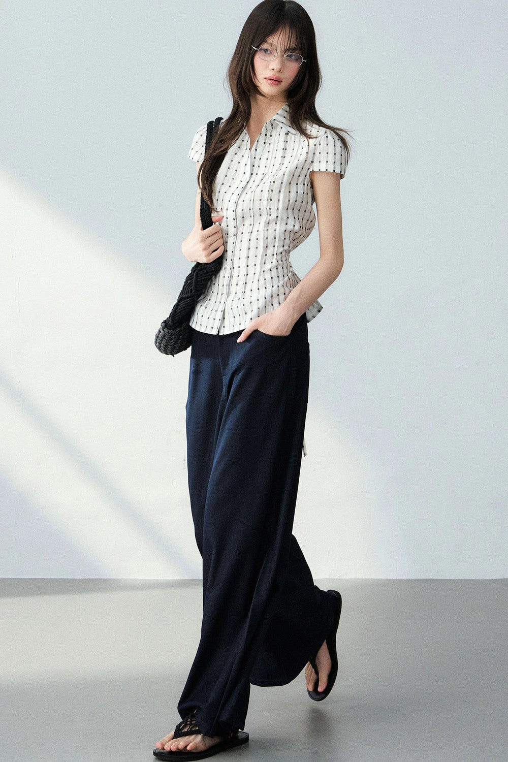 V-Neck Plaid Polka Dot Short Sleeve Shirt Set-Up