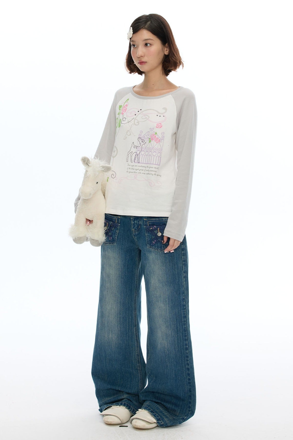 Deer Rose Print Long Sleeve Raglan Tee