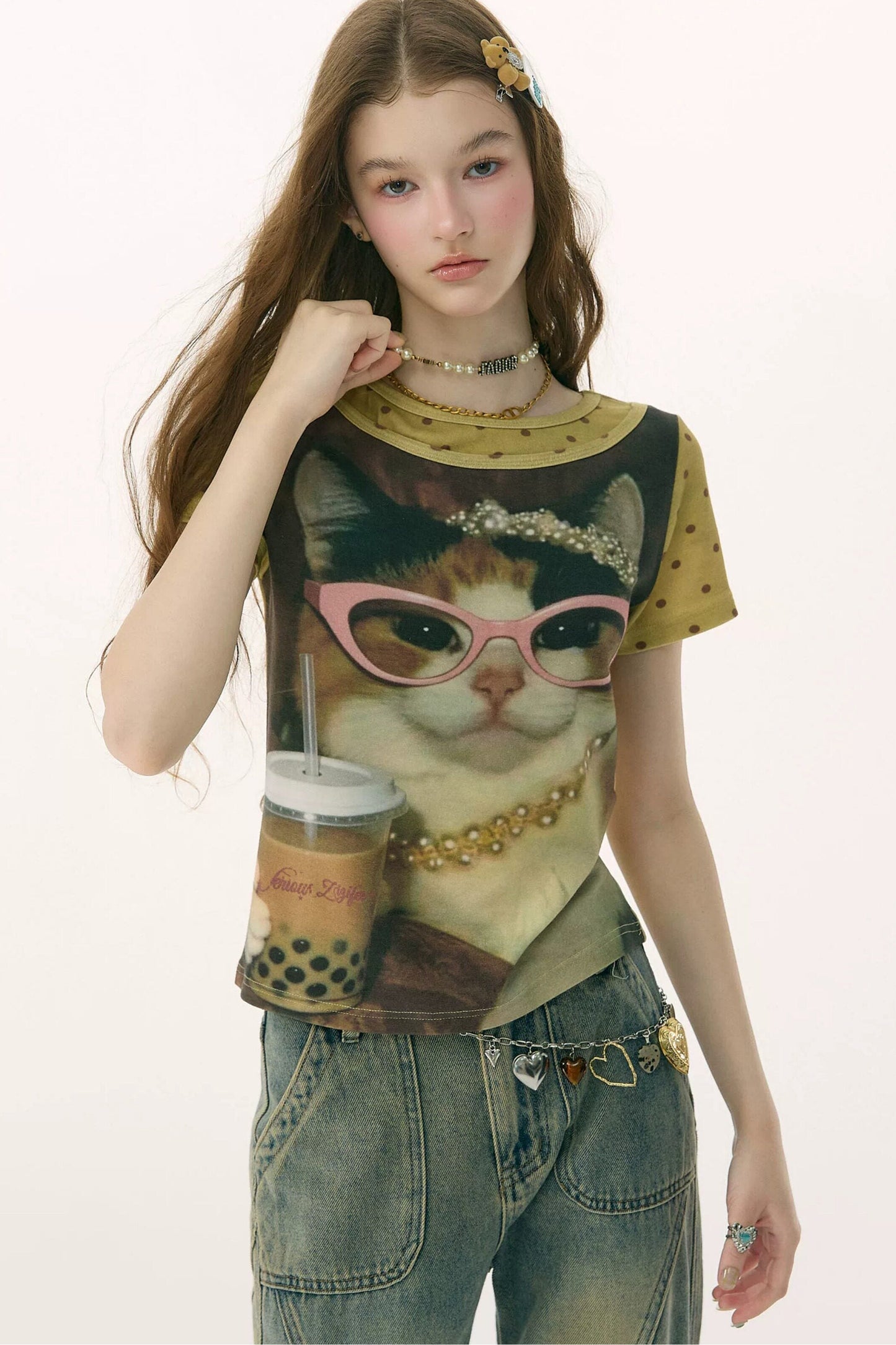 Retro Distressed Cat Print Top