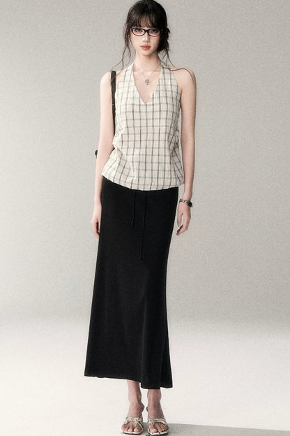 Textured Cotton Plaid Halter Camisole