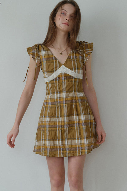 Brown Yellow Plaid Lace Trim Short Sleeve Dress
