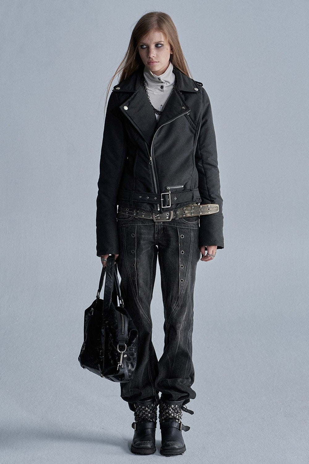 Punk Diagonal Zipper Belted Jacket