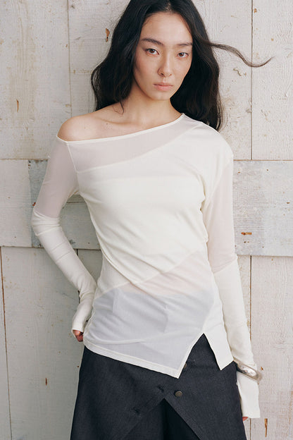 Asymmetrical Sheer Long Sleeve Blouse