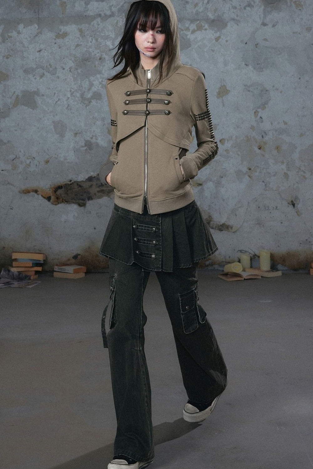 Pleated Skirt Panel Straight-Leg Flared Workwear Pants