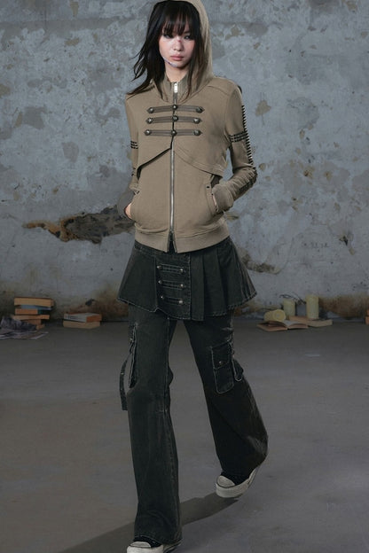 Pleated Skirt Panel Straight-Leg Flared Workwear Pants