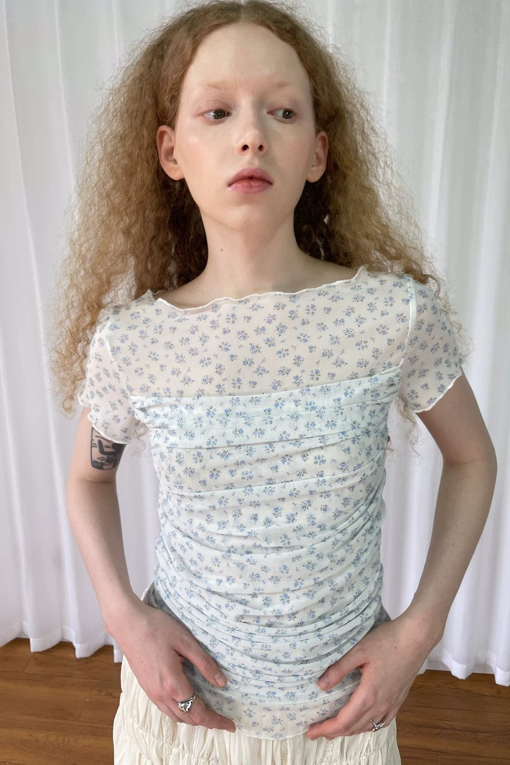 Light Blue Floral Mesh Top