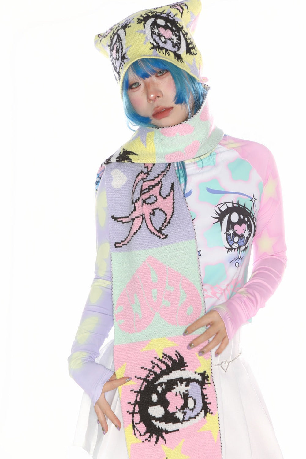 Comic Eye Knitted Long Scarf Set-Up