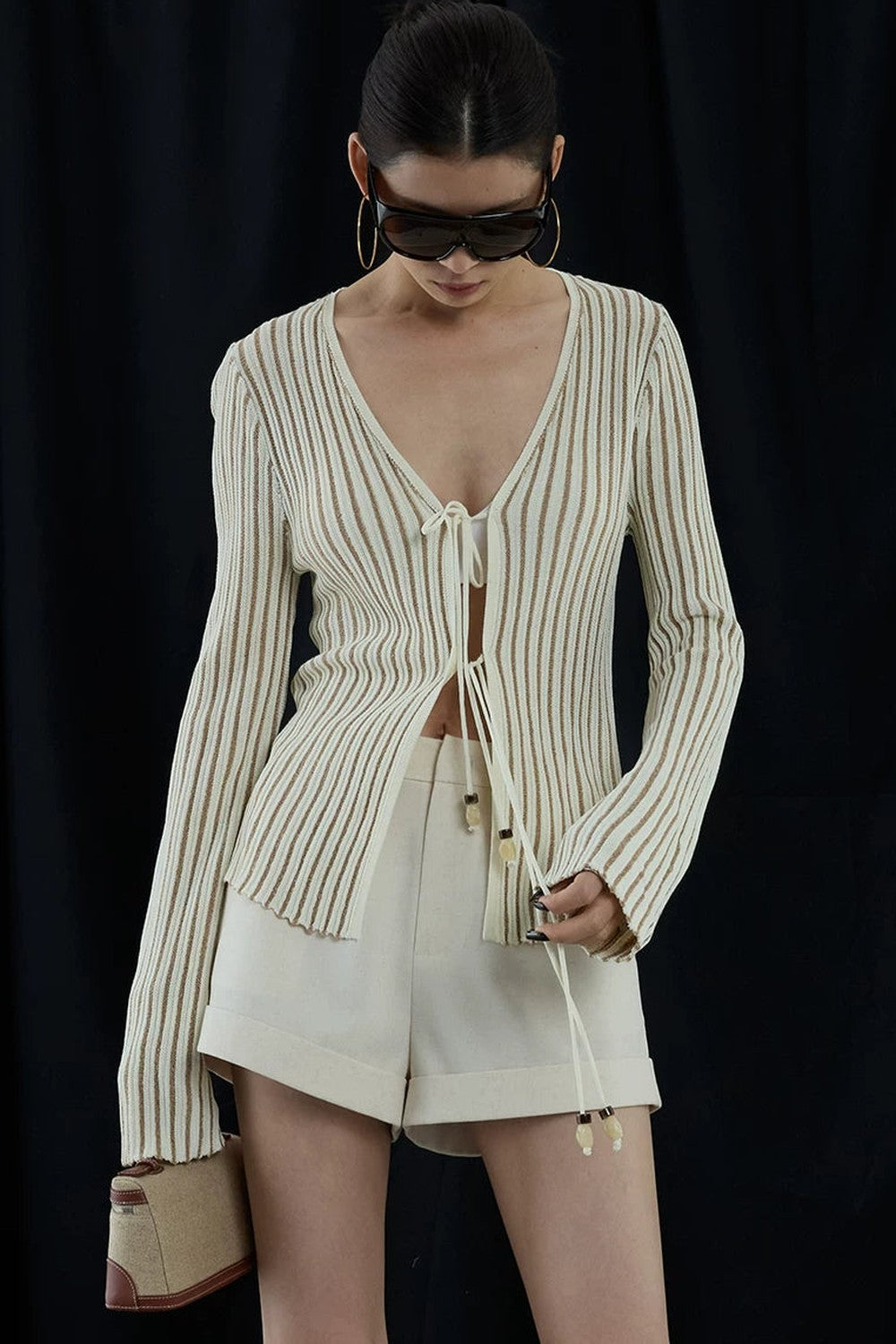Apricot Striped V-Neck Tie Cardigan