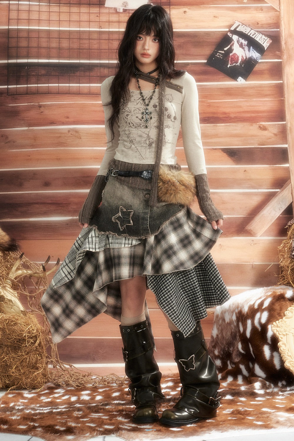 Jupe asymétrique en denim patchwork
