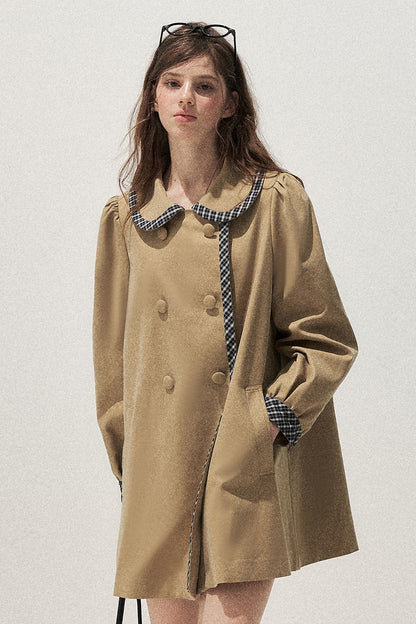 Doll Collar Double-Breasted Plaid Trench Coat