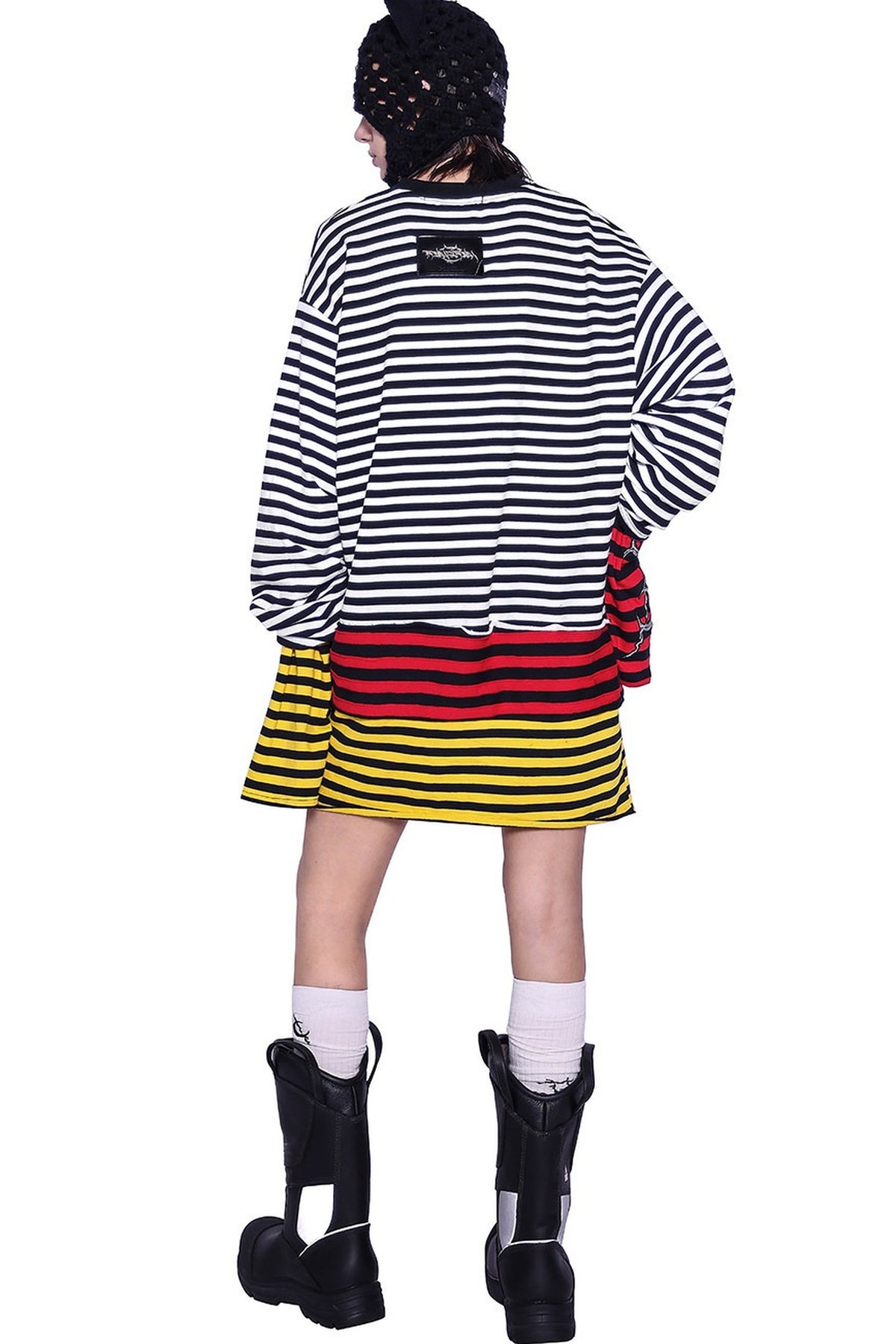 Stacked Stripes Patchwork Staggered Letter Print T-Shirt