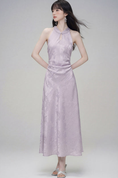 Halter-Neck Jacquard Cheongsam Dress