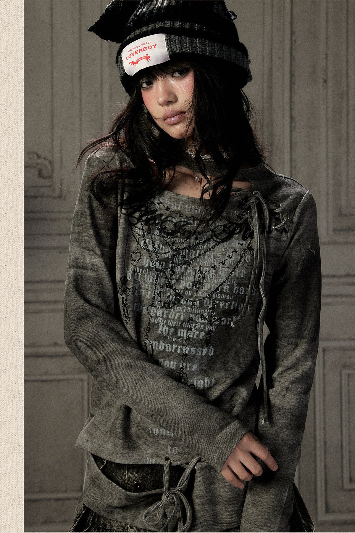 Letter Print Layered-Look Off-Shoulder Long-Sleeve T-shirt