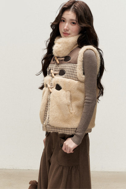 Retro Plaid Faux Fur Toggle Vest