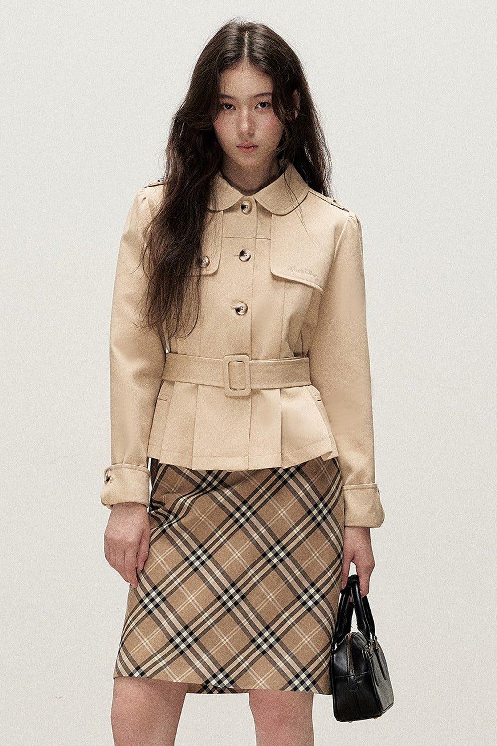 Cream Khaki Pleated A-Line Trench Coat