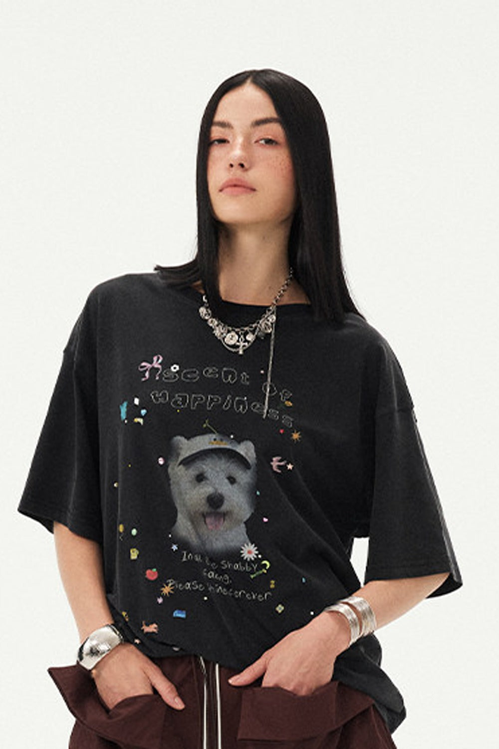 Rhinestone Cartoon Dog Drop Shoulder T-Shirt