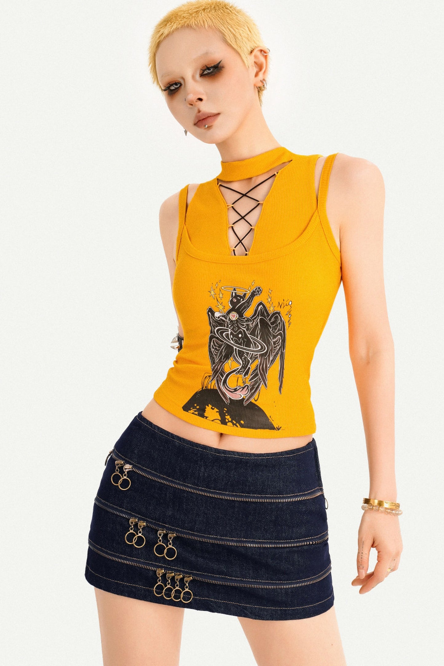 Yellow Sleeveless Lace-Up Graphic Tank Top