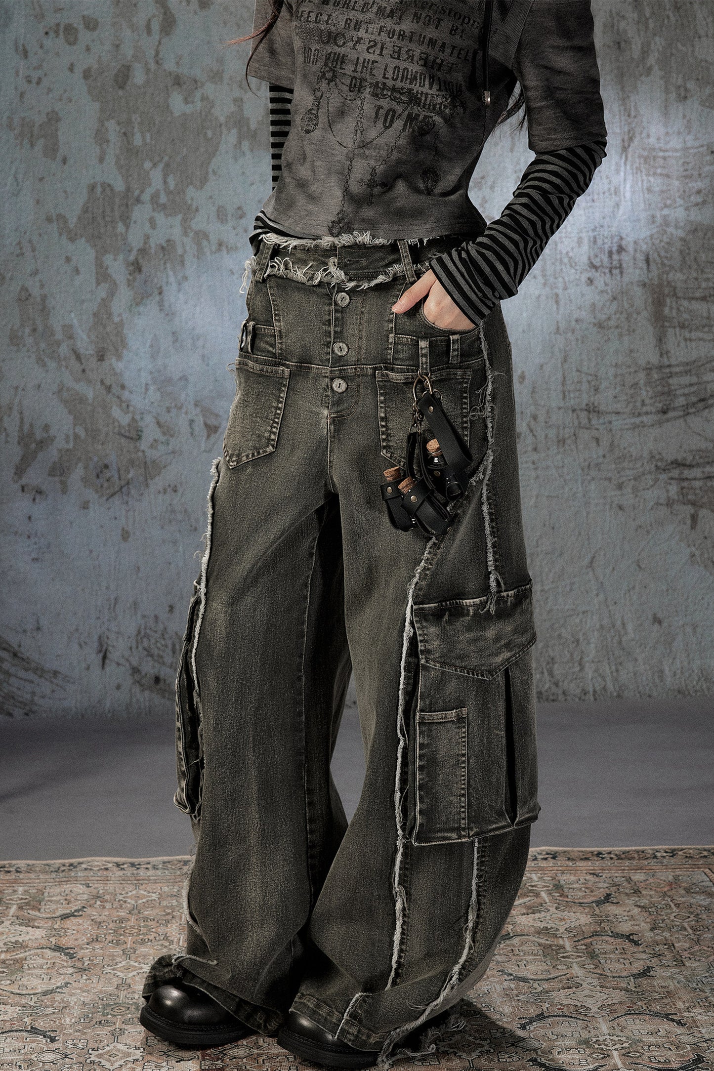 Vintage Washed Wide-Leg Large Patch Pockets Jeans