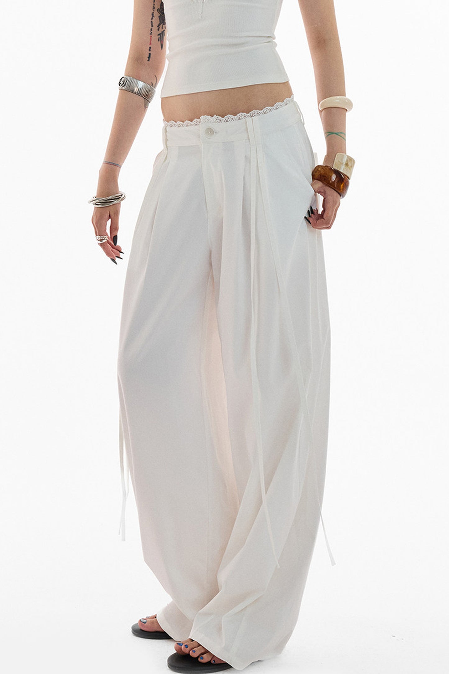 Lace Trim Pima Cotton Wide Leg Pants