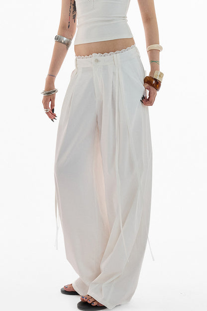 Lace Trim Pima Cotton Wide Leg Pants