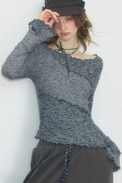 Strickoberteil mit Rüschenbesatz und Glockenärmeln