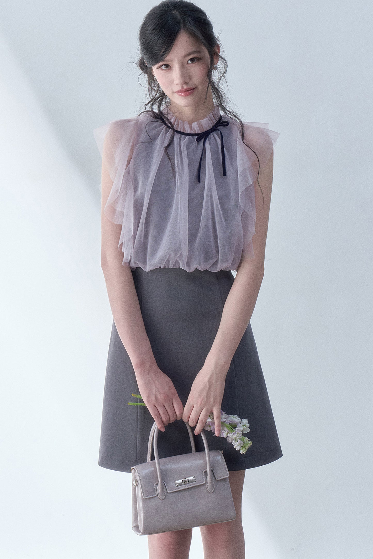 Pleated Mesh Flutter Sleeve Layered-Look Dress