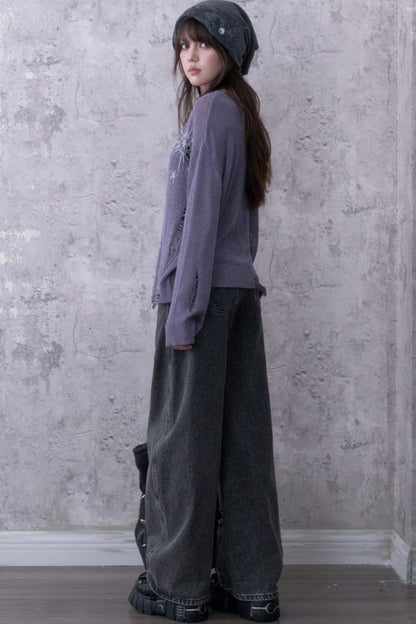 Purple Ripped Knit Mesh Print Sweater