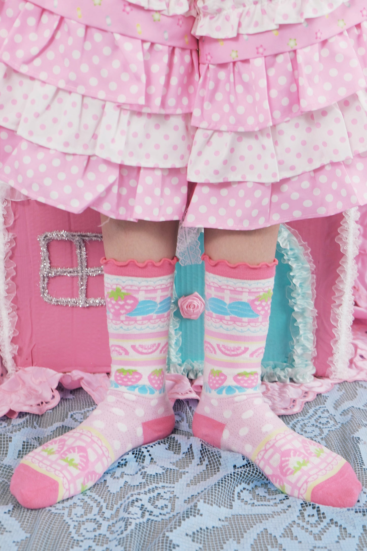 Cream Strawberry Cake Print Socks