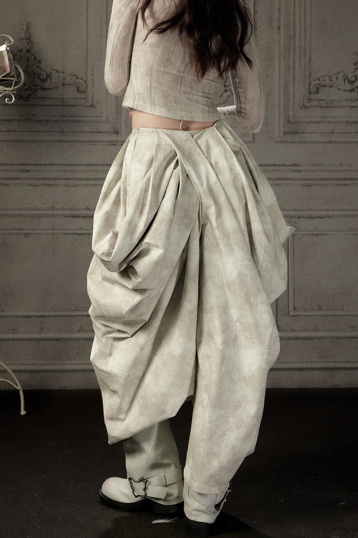 Beige Asymmetrical Stacked Long Pants