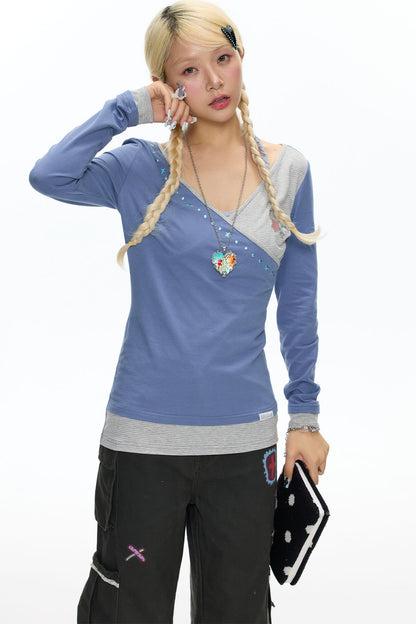 Diagonal Placket Layered-Look T-Shirt