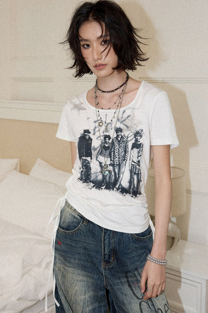 Portrait Print Drawstring Top