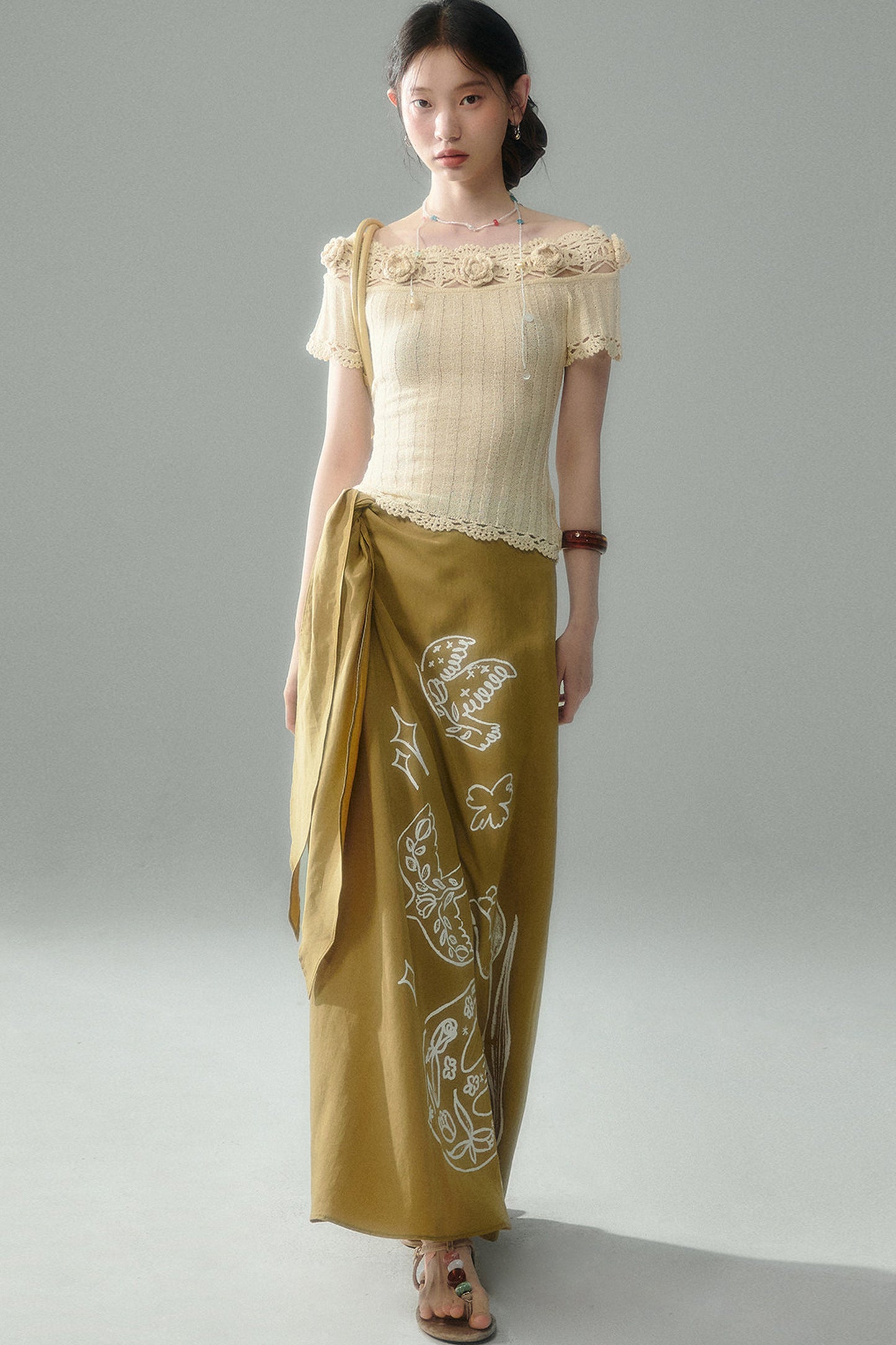 Handmade Crochet Camellia Off-Shoulder Knit Top