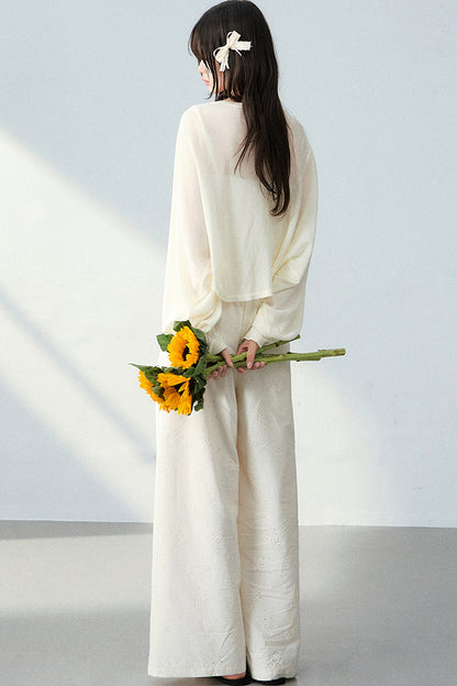 Batwing Cardigan & Camisole With Hollow Out Floral Pants Set-Up